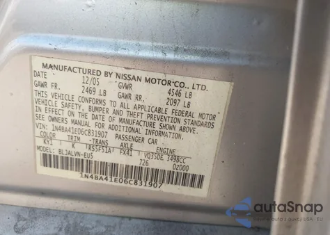 2006 Nissan Maxima 3.5 Se from USA, damaged, VIN 1N4BA41E06C831907